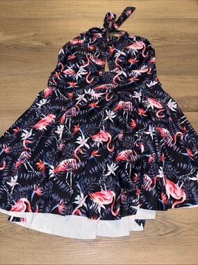 Tropical Flamingo Halter One-Piece Swim Dress - Navy & Pink